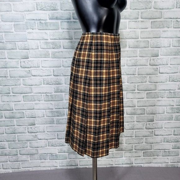 Vintage 70s Pendleton S Yellow Black Plaid Pleated Wool Aline Skirt Hi Waisted‎ - Picture 4 of 7